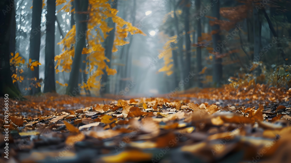 A quiet forest path blanketed in golden autumn leaves, shot with a gimbal stabilizer to create a smooth, flowing walk-through effect