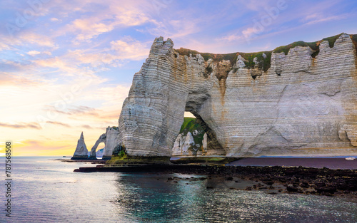 Picturesque panoramic landscape on the cliffs of Etretat. Natural amazing cliffs. Etretat, Normandy, France