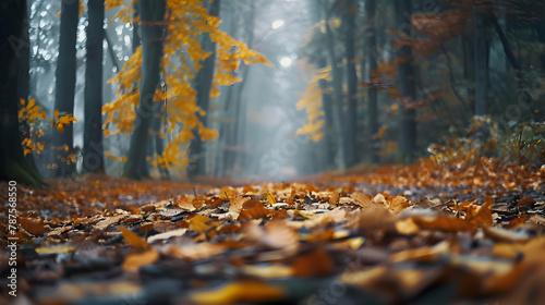 A quiet forest path blanketed in golden autumn leaves  shot with a gimbal stabilizer to create a smooth  flowing walk-through effect
