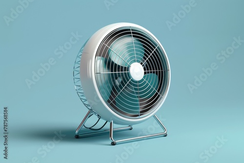 A white fan is sitting on a blue surface. Summer heat concept