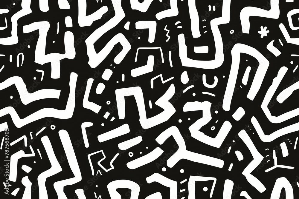 A black and white abstract painting with many lines and shapes A black and white abstract painting with many lines and shapes
