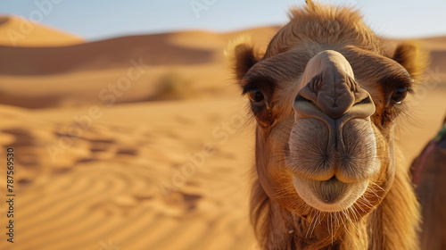 A camel stands in the sandy desert, its face filling the frame against the soft glow of the setting sun, with dunes stretching into the distance - Generative AI photo