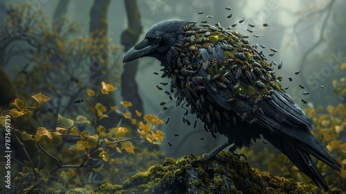A necromancer's familiar, a crow covered in a living sheath of beetles
