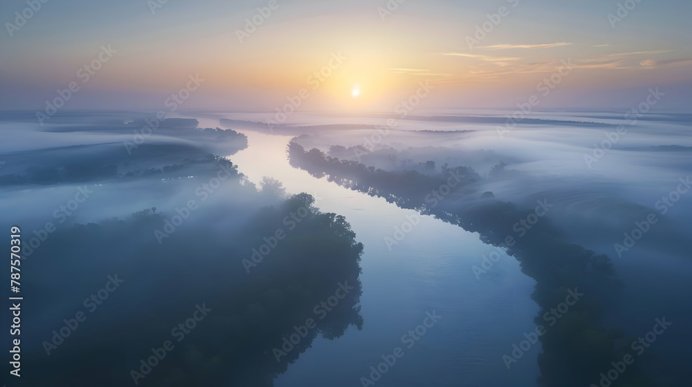 Naklejka premium A secluded river winding through a thick mist at dawn, captured with a wide-angle lens for a sweeping view