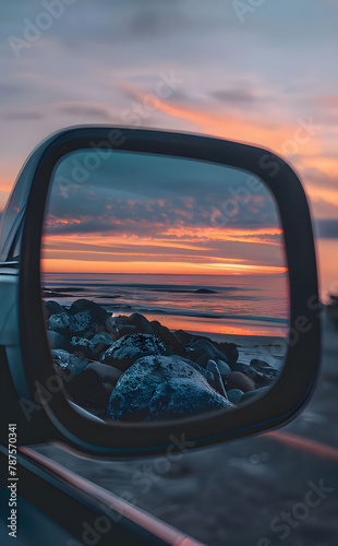 beautiful sunset on the seashore, reflection in the rearview mirror, on the car