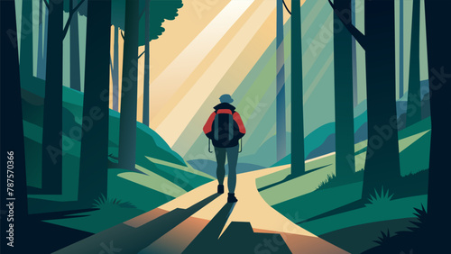 A lone hiker with a colorful backpack slung over their shoulder navigates a narrow trail through dense forests. Sunlight streams through the