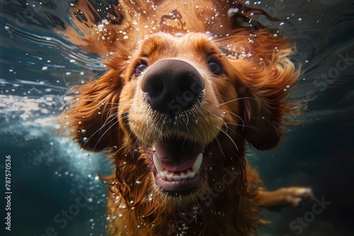 A dog is swimming in the water with its mouth open and tongue hanging out. Summer heat concept, backdrop