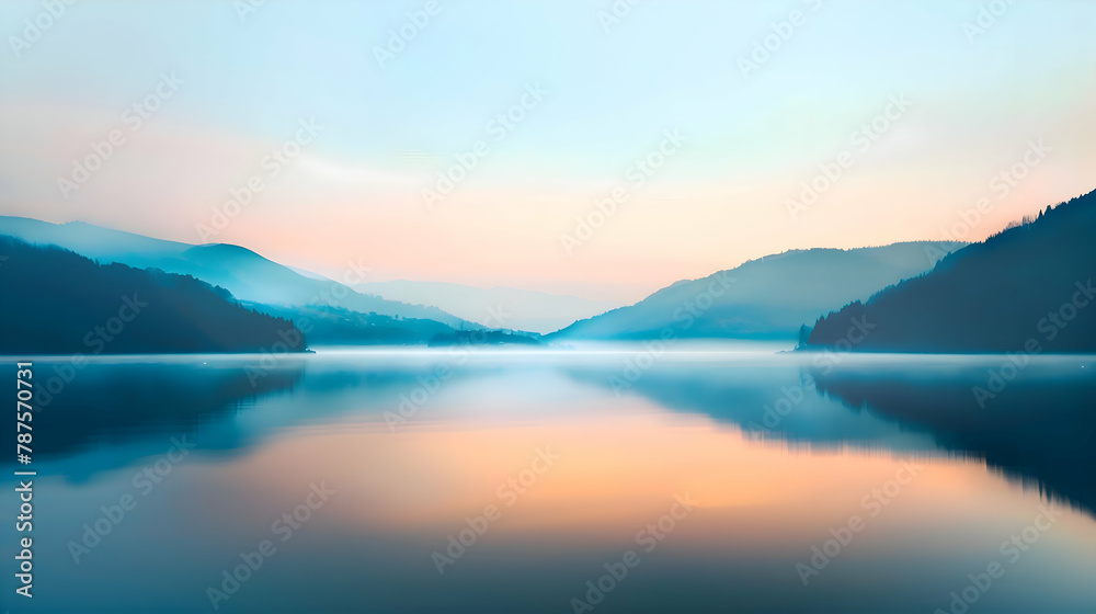 A serene mountain lake at dawn, reflecting the pastel colors of the sky, captured with a tilt-shift lens to add a slight blur around the edges for a dreamy effect