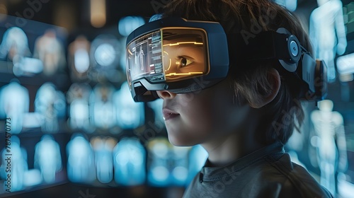 Kids with VR headset glasses, futuristic equipment and virtual display anatomical diagrams and scientific data, human body path simulation. Digital wallpaper template for AI science medical hospital.