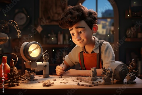 A young boy is attentively looking at a lamp in a scene from the animated movie Wreck. Generative AI