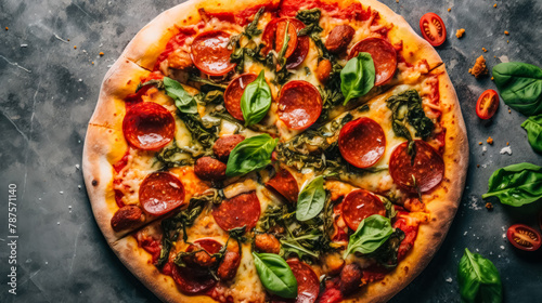 A pizza with pepperoni and spinach on it