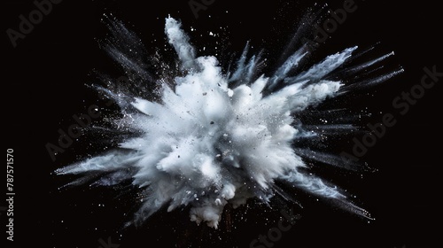 An explosion of white dust. A chalk explosion in the black background.