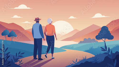 A wise and seasoned couple enjoying a morning walk in nature discussing the importance of selfcare and taking deliberate steps towards