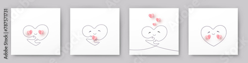 Heart with hands continuous one line contours on white backgrounds. Hug yourself and 3d paper pink signs. Vector symbols of love for Happy Children's, Mother's, Valentine's Day greeting card design