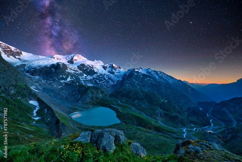 Starry sky with milky way at Sustenpass, Steisee and Gadmental, Canton Bern, Switzerland, Europe photo