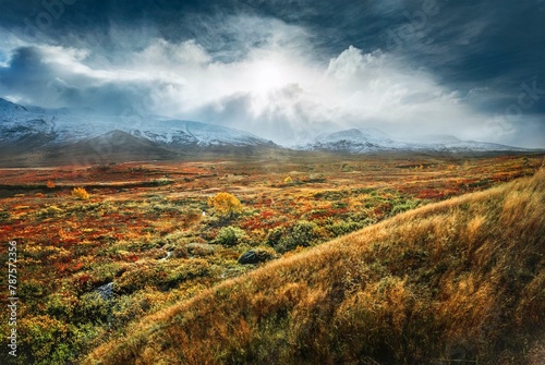 Wide landscape, Fjaell with colourful vegetation in autumn, Ruska Aika, Indian Summer, Indian Summer, Indian Summer, dramatic cloud atmosphere, Tessand, Innlandet, Norway, Europe photo