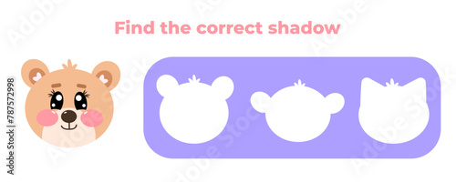 Find the correct shadow. Matching education game for kids. Choose correct answer. Cute kawaii bear face animal