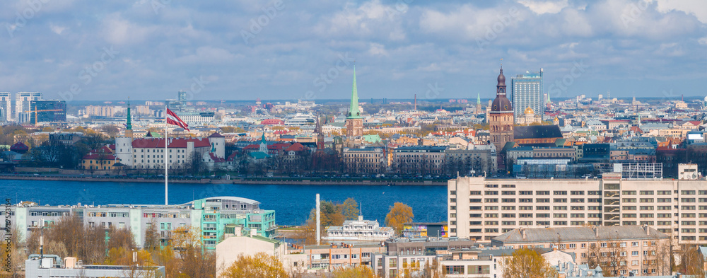 Obraz premium Aerial view of the Riga, Latvia. Beautiful summer day over Riga with old town in the background. Capital of Latvia.