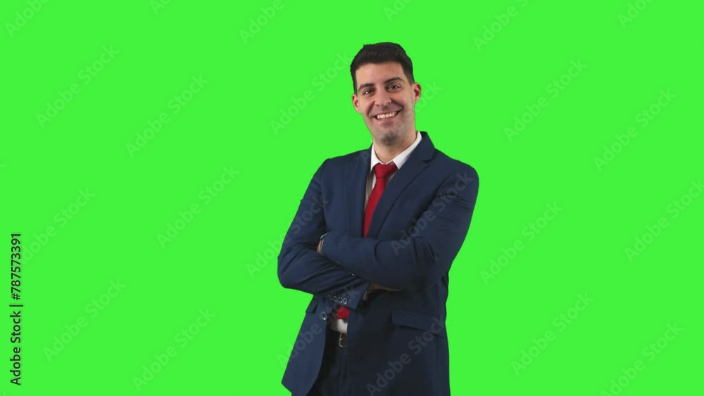 Radiant Businessman with Arms Crossed and Joyful Expression Green Screen Chroma Key Radiant Businessman with Arms Crossed and Joyful Expression Green Screen Chroma Key