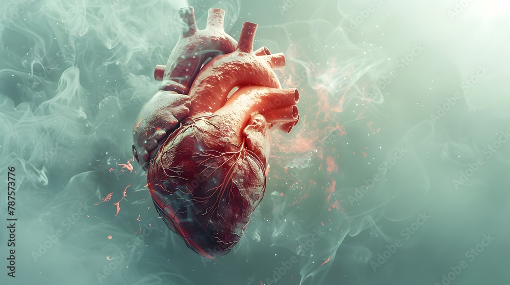 Obraz premium Human Heart Surrounded by Ethereal Smoke, a Metaphor for Stress and the Ephemeral Nature of Life