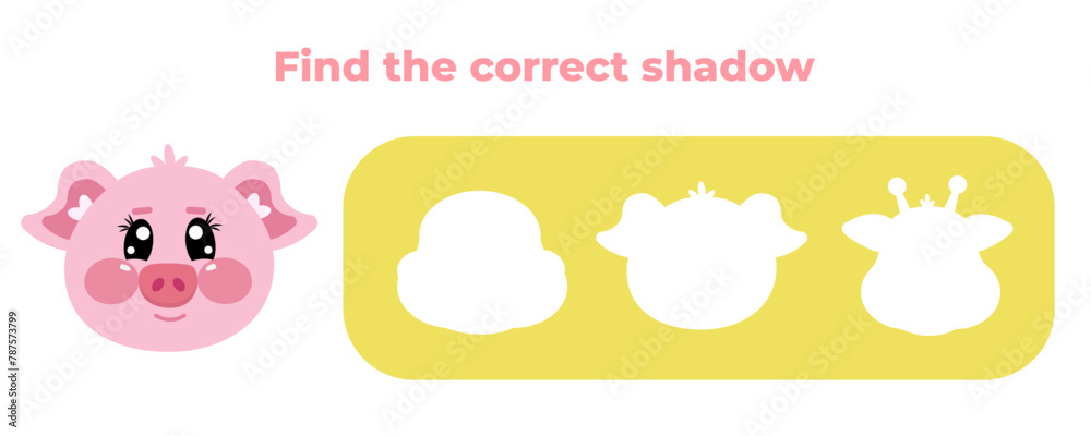 Find the correct shadow of funny characters pig face animal. Choose correct answer. Matching game. Cute kawaii vector illustration isolated on white background. Educational game for kids, children