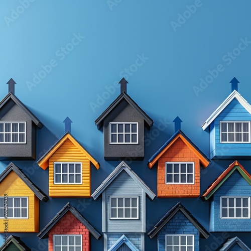 A series of townhouses with varying additional floors, each top marked by a blue upward arrow, set against a navy blue background--ar 7:2 photo