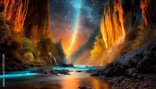 Surreal, luminous and majestic canyon river landscape scene with vivid sunset and beautiful waterfalls. Digital art.