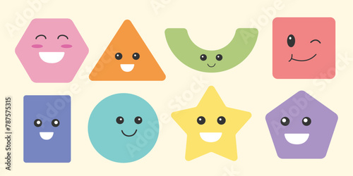 Cute geometric shape characters. Colorful, fun, playful illustrations for kids. Basic shapes with happy smiling faces. 