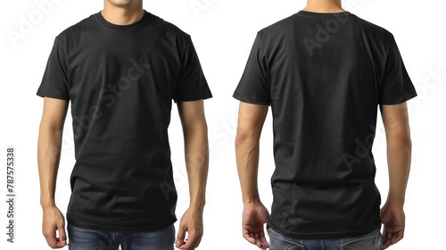 Front and back view Young man donning stylish black t shirt
