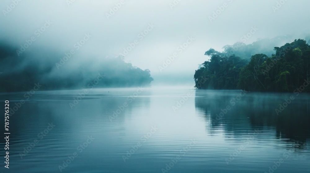 Fototapeta premium Amazon river in the middle of the forest with fog in Latin America, Colombia, Venezuela