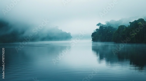 Amazon river in the middle of the forest with fog in Latin America, Colombia, Venezuela