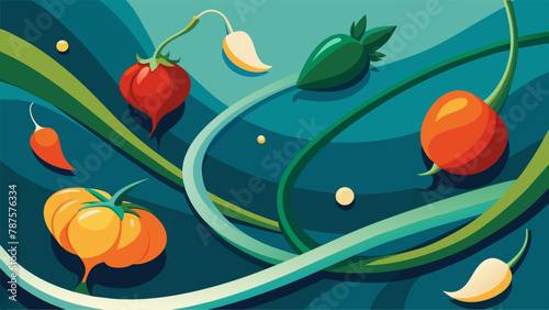 A of small round vegetables cling to their vines twisting and turning in the weightless space. Without the pull of gravity their shapes are