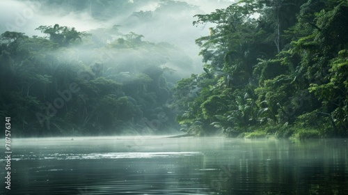 Amazon river in the middle of the forest with fog in Latin America, Colombia, Venezuela, Brazil, Ecuador. in high resolution and high quality HD