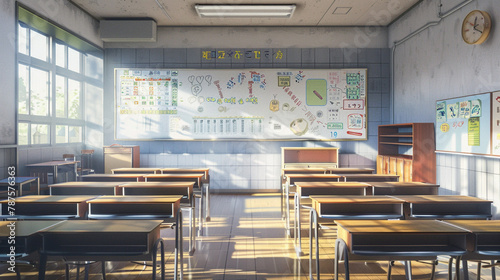 An empty classroom with desks arranged in pairs, facing a whiteboard covered in illustrations and vocabulary words.