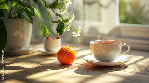 A white cup with a tea bag in it sits on a table next to an orange