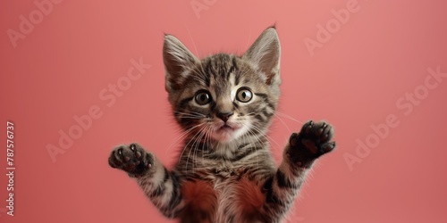 A funny kitten standing on its hind legs with a smiling expression, stretching its arms out.