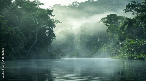 Amazon river in the middle of the forest with fog in Latin America, Colombia, Venezuela, Brazil, Ecuador. in high resolution and high quality. landscape concept, vacation