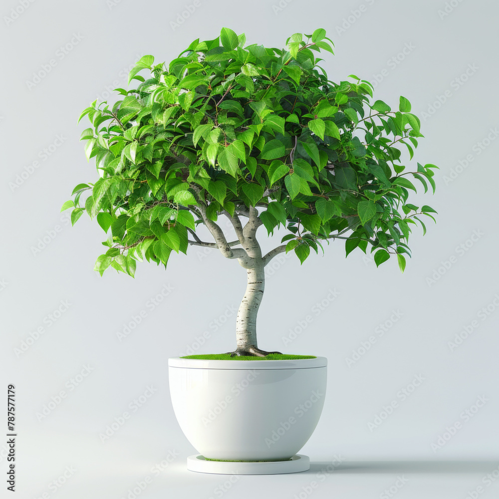 A beautifully shaped birch bonsai tree with lush foliage in a contemporary white pot, isolated on white. A beautifully shaped birch bonsai tree with lush foliage in a contemporary white pot, isolated on white.