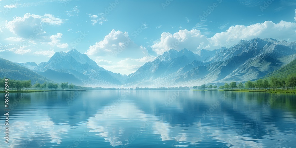 A detailed painting of a mountain lake with towering mountains in the background, reflecting on the calm waters.
