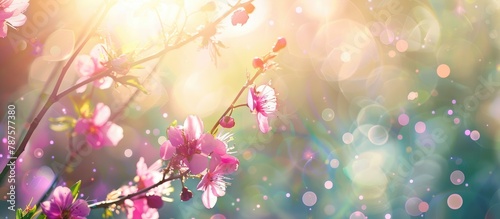 Floral and natural spring bokeh background with sunlight filtering through.