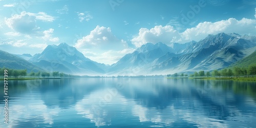 A detailed painting of a mountain lake with towering mountains in the background  reflecting on the calm waters.