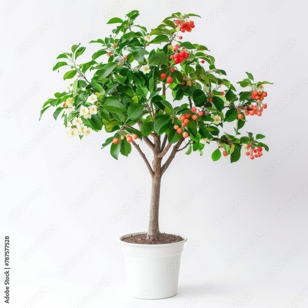 A flowering bonsai tree with white blossoms and red berries in a classic white pot, set against a neutral background.
