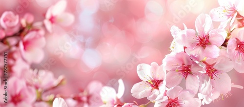 Background featuring a border of spring with blossoms in pink