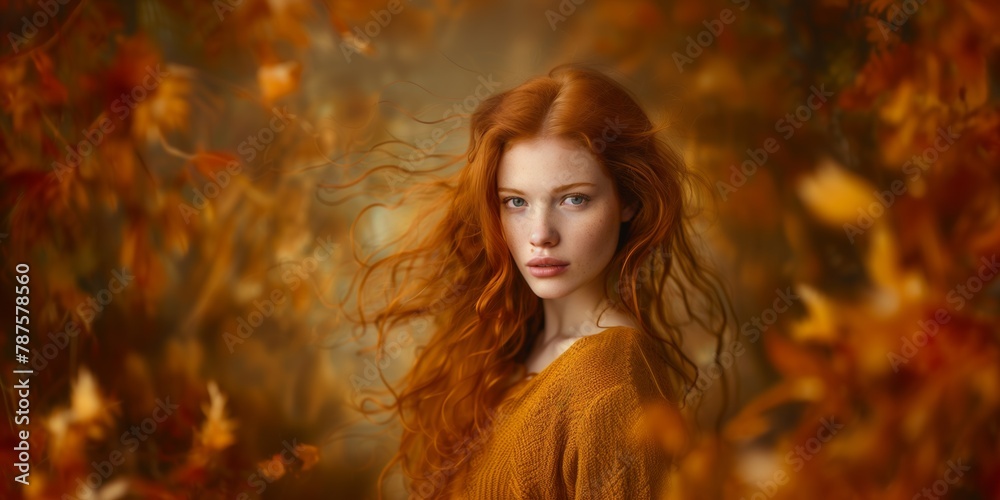 A woman with red hair stands gracefully amidst a field of fallen autumn leaves.