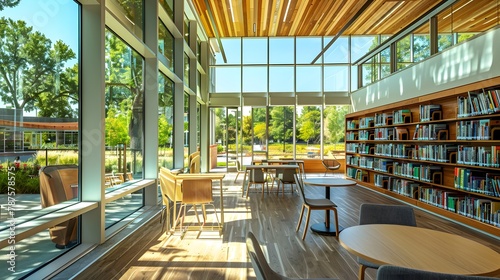 Sustainable design in a new library, with emphasis on natural lighting, passive cooling, and community spaces