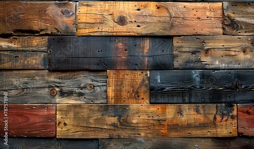 A detailed view of a vertical wall constructed from wooden planks, highlighting the texture and pattern of the material photo