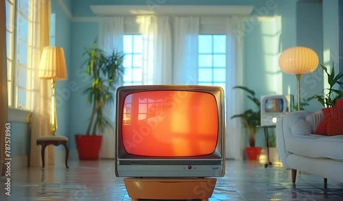 An old television set rests on a stand in a typical living room setting, surrounded by furniture and decor of a bygone era photo