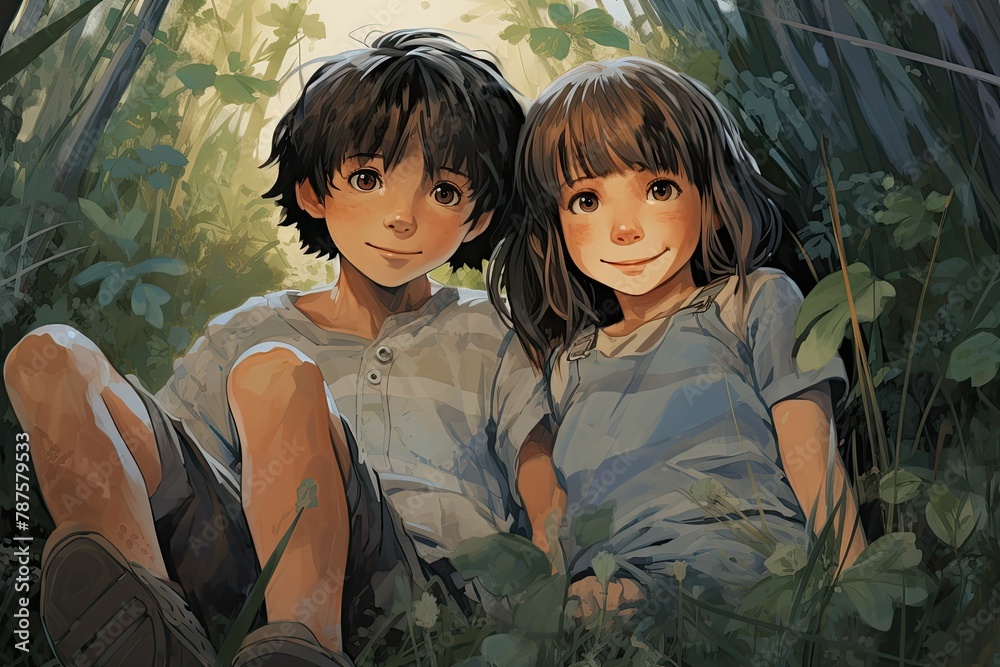 Two children sitting side by side in a lush green forest surrounded by trees and foliage. Generative AI