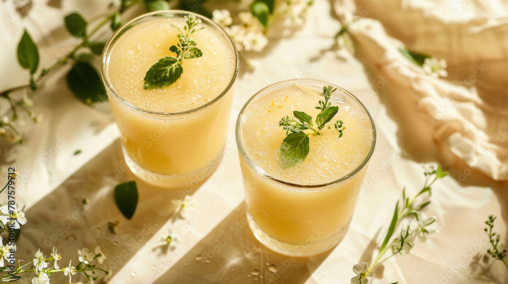 Refreshing lemonade served with ice cubes, lemon slices, and mint leaves. Refreshing lemonade served with ice cubes, lemon slices, and mint leaves.