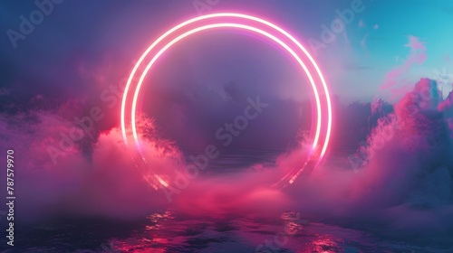 Neon Circle Frame in the Sky, Futuristic Background. 